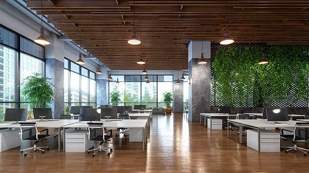 Modern open-plan office with desks, chairs, windows, and greenery