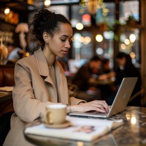 Professional woman working on a laptop in a café with coffee